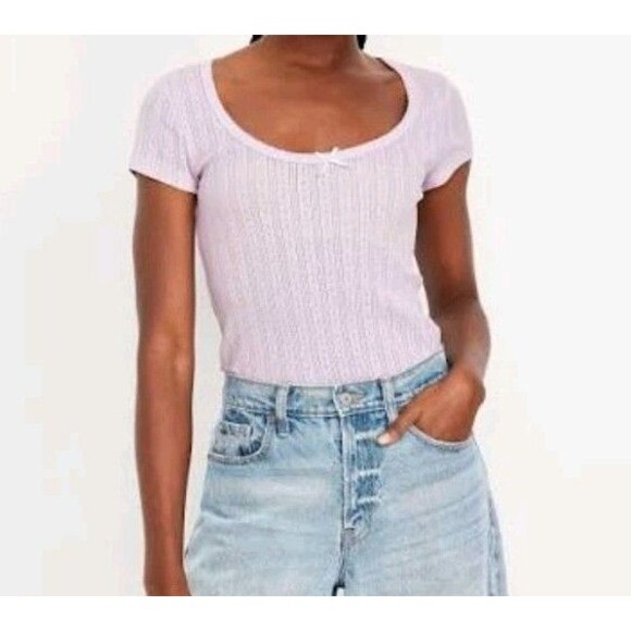NWT Women's Old Navy Fitted Lace Trim Ribbed Pointelle Tee Top Size XXL Lilac - Picture 1 of 8
